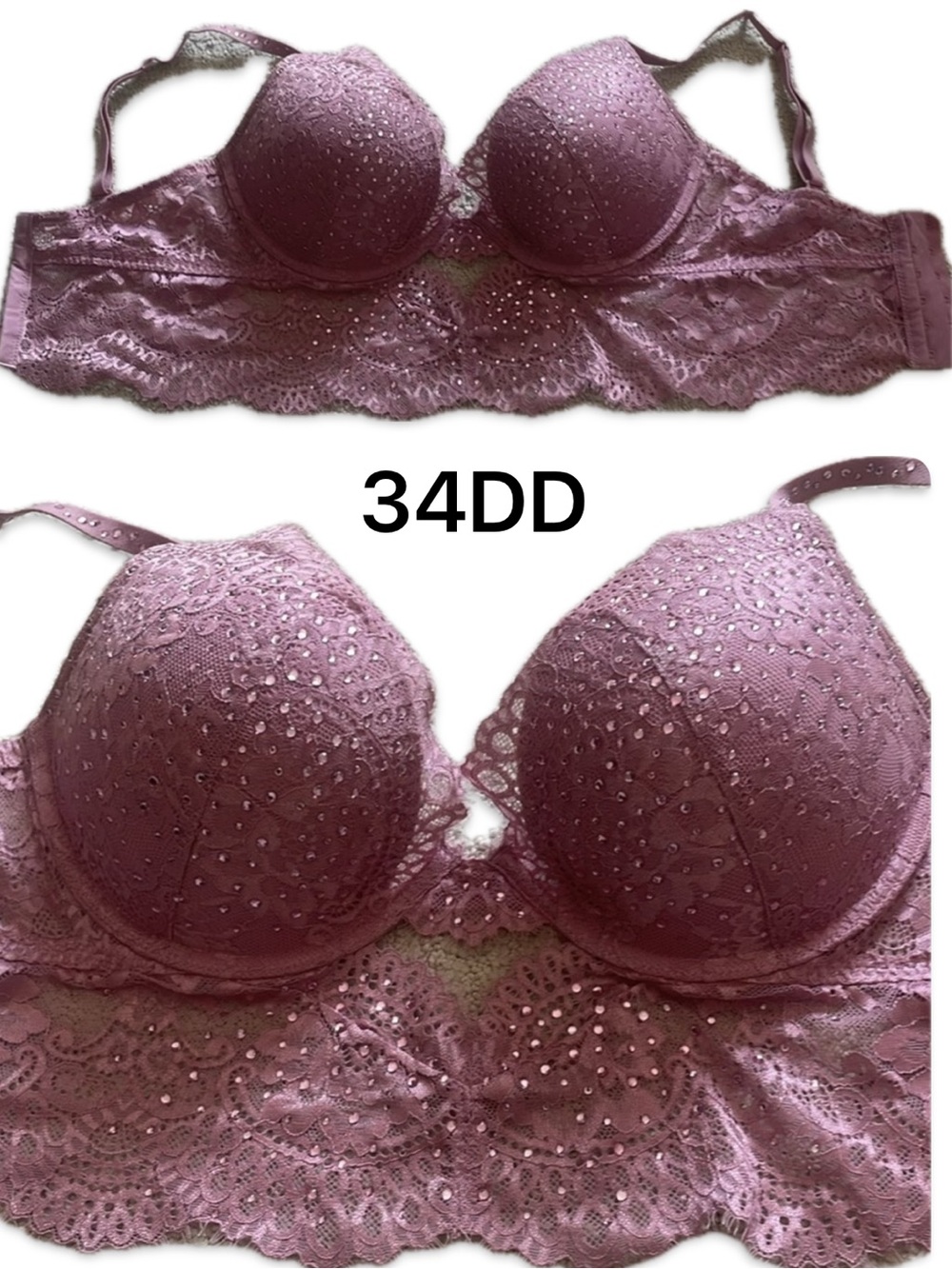 La Senza Beyond Sexy Ultimate Plunge Pink Lace Rhinestone Push Up Bra NWOT 34DD